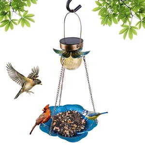Solar Bird Feeder for Outdoors Hanging, Metal Wild Bird Feeder, Crackle Glass... - Picture 1 of 7