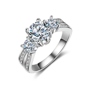 Retro Womens Three-Stones CZ 925 Silver Wedding Luxury Engagement Ring Size 5-10 - Picture 1 of 5
