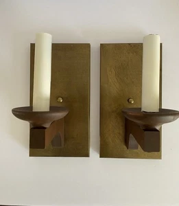 Vtg Pair MC Solid Brass & wood Colonial Style/mission Style Wall Sconces 1950’s - Picture 1 of 14