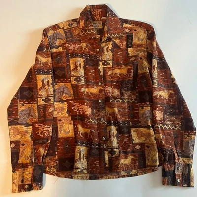 Vintage Moda Tech Western Shirt Red & Tan Horse Print All Over Womens M Cotton - Image 1 of 4