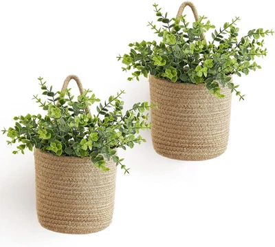 2 Pack Wall Hanging Rope Basket with Artificial Eucalyptus Farmhouse Decor, Jute - Image 1 of 4