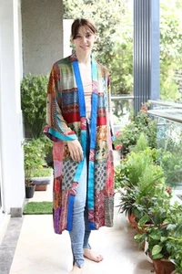 100% Seda Crepé Multicolor Patchwork Kimono Largo Floral Bata PS PWK1023 - Imagen 1 de 11