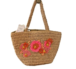 Handmade Raffia Tote Bag from India – Beaded Woven Square Pattern Boho Chic Pink - Picture 1 of 12