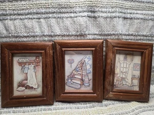 Vintage 3er Set Margaret B Mini Country gemütliche Kunstdrucke gerahmt ca. 5”x3,75” - Bild 1 von 9
