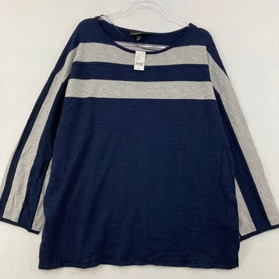New Lane Bryant size 18/20 Navy Gray Striped Preppy Stretch Tight Knit Sweater - Image 1 of 4