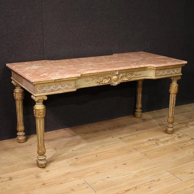 Table console laquée dessus marbre meuble italien style Louis XVI 20ème siècle - Photo 1/4