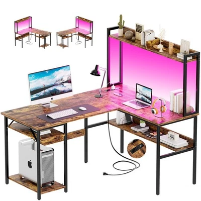 L Shaped Computer Desk with Hutch and Storage Shelves, Gaming Desk with LED L... - Image 1 of 4