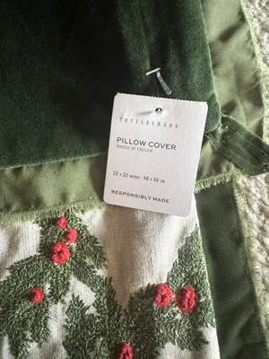NWT Pottery Barn Wreath Velvet Flange Pillow Cover 22" Christmas Green - Image 1 of 4