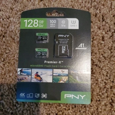 PNY 128GB Premier-X microSDXC Card 2-Pack Class 10 U3 V30 4K UHD Full HD, No Box - Image 1 of 2