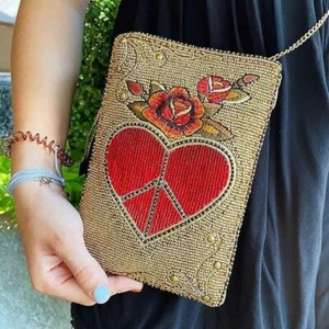 Mary Frances I Love Peace Red Heart Handbag Crossbody Phone Bag Gold Purse NEW - Picture 1 of 8