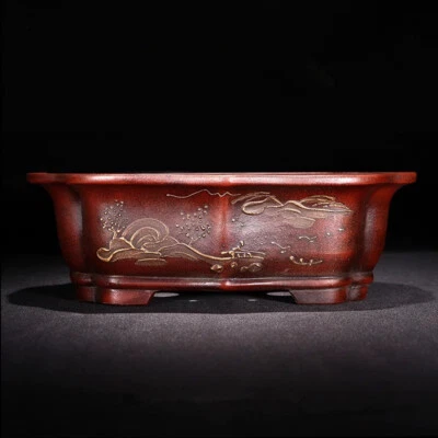 9.45in Chinese Refine Zisha Antiqued Handmade Painting Potted Bonsai Flower Pot - Image 1 of 4