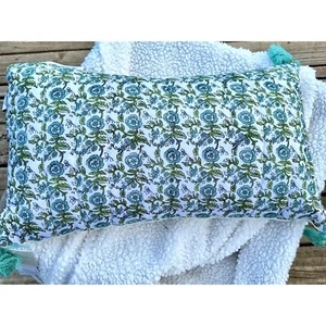 Shabby Chic Pillow 14x24 Floral Vines Tassels Boho Cottagecore Granny Garden - Picture 1 of 20