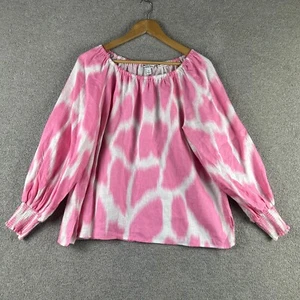 Country Road Womens Blouse 10 Pink Organic French Linen Ikat Balloon Sleeve Top - Picture 1 of 24