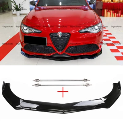 For Alfa Romeo Giulia Front Bumper Lip Spoiler + Strut Rods Glossy Black Foto 1 de 4