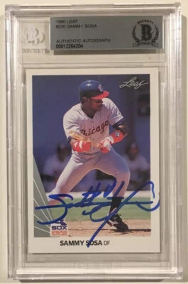 Tarjeta de béisbol de novato firmada por Leaf Sammy Sosa 1990 220 Beckett certificada automática Foto 1 de 3