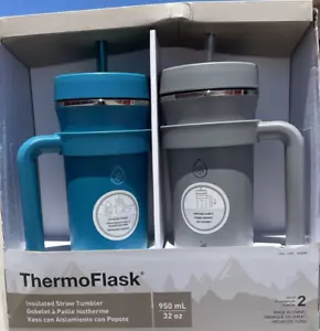 ThermoFlask 32oz Isolierter Standard Strohbecher mit Griffen 2er-Pack Blaugrüngrau - Bild 1 von 6