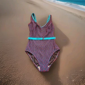 Costume da bagno vintage Robby Len pezzo unico anni 70 aerobica V righe e cintura freccette a punta - Foto 1 di 12