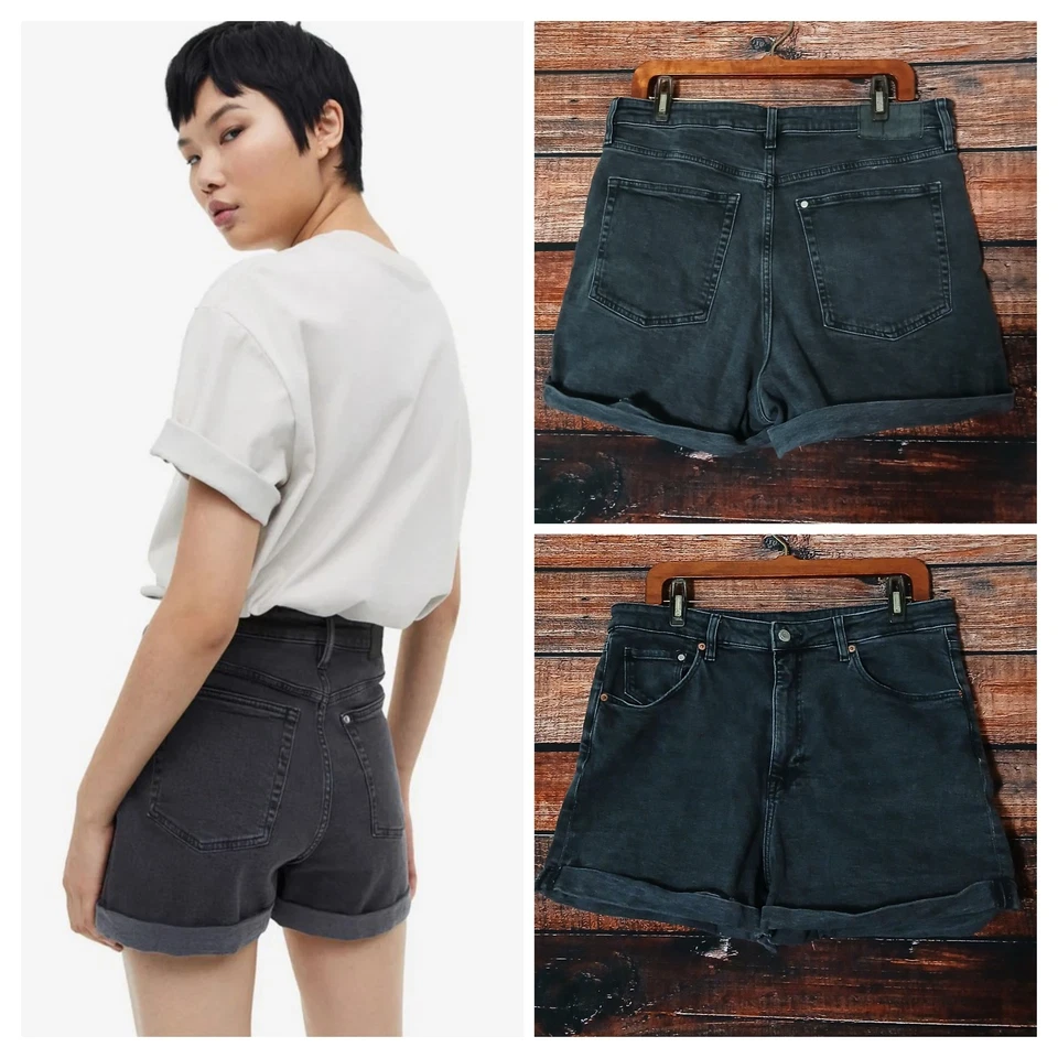 Pantalones Cortos de Jean H&M Talla 12 Cintura Ultra Alta Tiro Mamá Negros Denim Puños Elásticos Foto 1 de 4