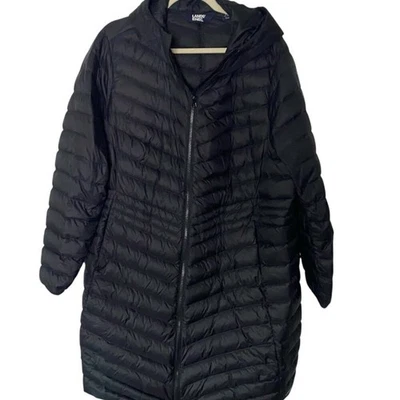 Land's End long black puffer down coat lightweight packable hooded 1X - Image 1 of 4