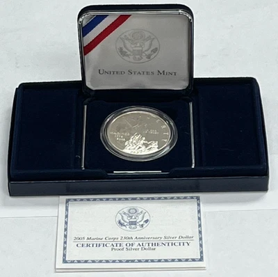 2005 P Marine Corps 230th Anniversary Proof Commemorative 90% Silver Dollar OGP - Image 1 of 4
