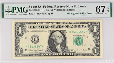 1988A $1 Dollar FRN St. Louis FR#1915-H - Misaligned Suffix Error - PMG 67 EPQ - Image 1 of 4
