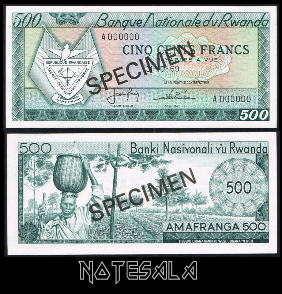 RWANDA 500 FRANCS 1969 Pick-9s SPECIMEN UNC S/N A 000000 *RARE* - Image 1 of 1