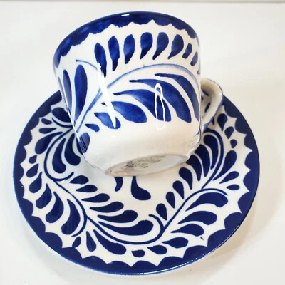 ANFORA PUEBLA Blue White Coffee Tea Cup & Saucer Mexico Hand Painted - Image 1 of 4