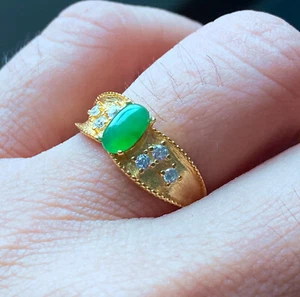 Anillo cabujón verde helado jadeíta jade certificado con incrustaciones de plata 925 grado A sin teñir - Imagen 1 de 7