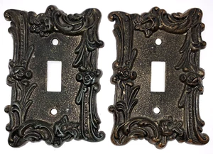 2 Metall ROSEN elektrische Wandschalter Abdeckplatten 60er Vintage fast schwarze Patina PAAR - Bild 1 von 4