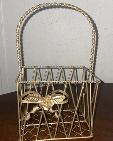 Vintage Wire basket Floral Rose W/ Bow Gold Tone Decor Metal Egg Basket Carry Cover
