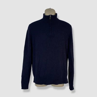 $228 Bloomingdale's Men's Blue Cashmere Leather Trim Half-Zip Sweater Size L - Image 1 of 4