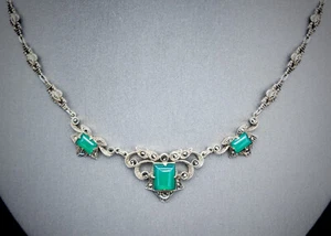 Antique Art Nouveau, Deco 925 Sterling Chrysoprase Marcasite Necklace (Evil Eye) - Picture 1 of 13