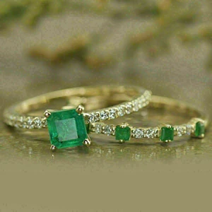 1.30Ct Princess Simulated Green Emerald  Bridal  Ring 925 Silver Gold Plated - Picture 1 of 5