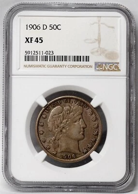 Moneda de medio dólar barbero 1906 D XF 45 50C moneda como nueva de Estados Unidos envío gratuito Foto 1 de 4