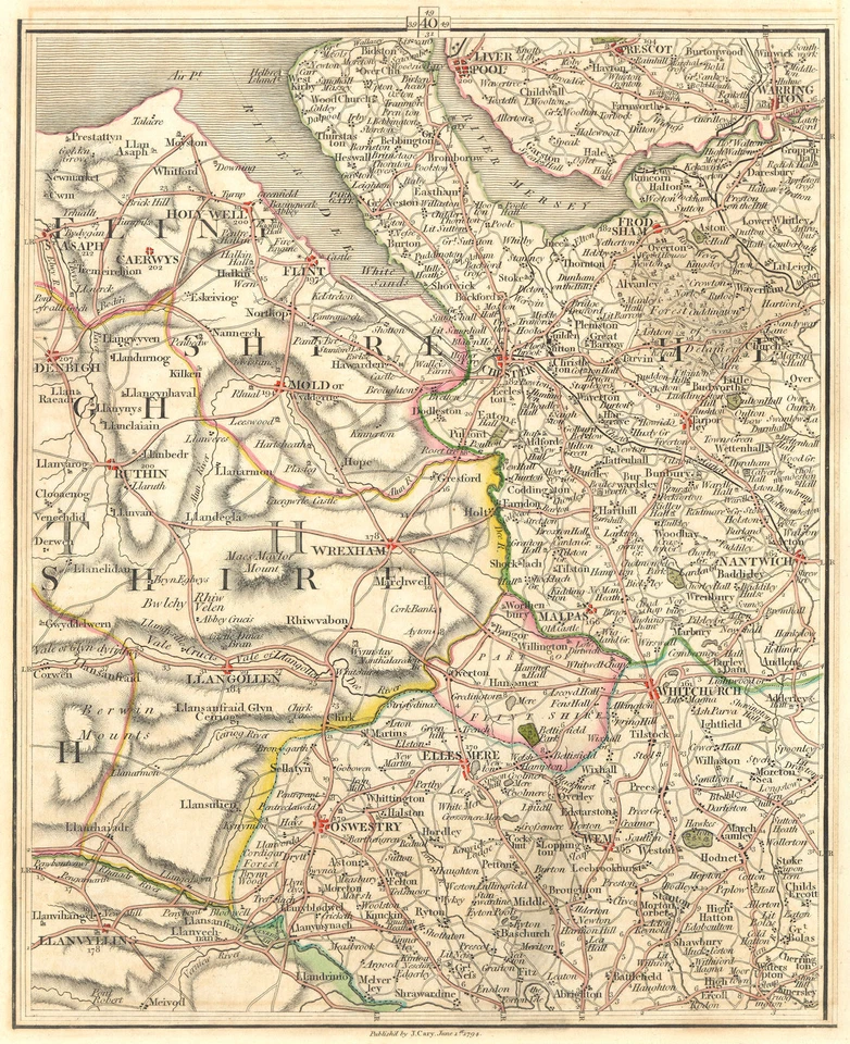 MERSEYSIDE NE WALES CHESHIRE N SHROPS.Liverpool Warrington Chester.Cary 1794 mapa Foto 1 de 1