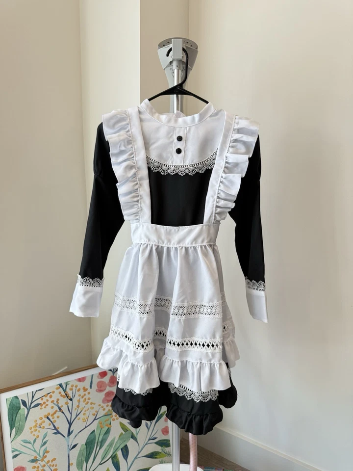 S Vintage Inspired Black & White Maid Dress Costume with Lace Apron Long Sleeve - Image 1 of 4