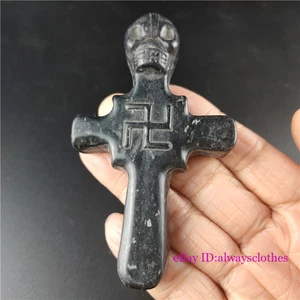 3.2IN China Old Black Jade Fengshui Sacrifice Skull Cross Swastika Word Pendant - Picture 1 of 6