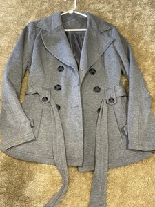 Jou Jou Pea Coat Women's Large Double Breasted Lined Gray Button Front & Belted - Picture 1 of 7