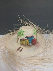Tejido a mano y pintado Haití Ala de Paja VILLAGE HOMES Sombrero Firmado HAITÍ NUEVO - Imagen 1 de 13