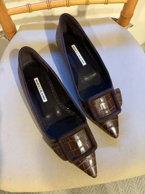 Manolo Blahnik Damas Marrón Cuero Cocodrilo Planos Talla 8 1/2 Foto 1 de 2
