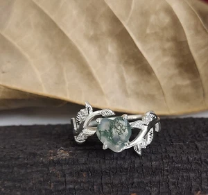 Moss Agate Ring Leaf Ring Heart Ring 925 Sterling Silver Ring Engagement Ring - Picture 1 of 3