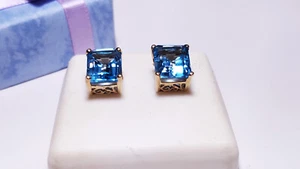Estate 8ctw Emerald cut Natural Azure Topaz scroll set 10Kt YG Stud Earring20984 - Picture 1 of 6