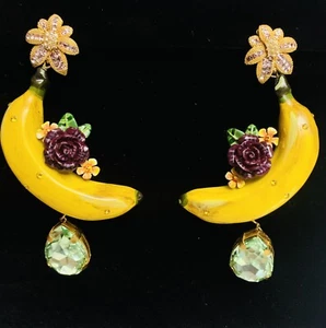 Dolce & Gabbana Runway Yellow Banana Dangling Swarovski Crystal Earrings Clip On - Picture 1 of 12