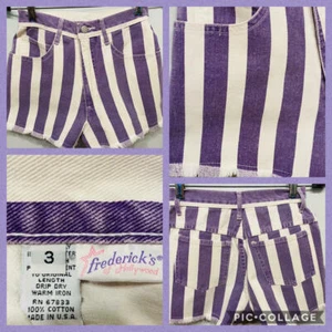 Vtg 80s FREDERICKS of HOLLYWOOD Denim High Waisted Jean Short Stripe Purple XS S - Picture 1 of 12