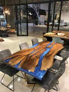 Custom Made Wood With Blue River Resin Table Epoxy Dining Table Coffee Table Top - Picture 1 of 8