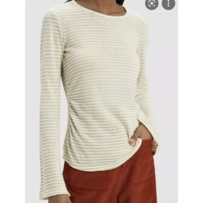 MARCO Mezcla Lino Metálico Dorado Rayas Camiseta Talla XS Mujer Informal Manga Larga Foto 1 de 4