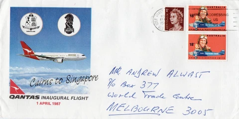 Australia-1987 Qantas Inaugural flight Cairns-Singapore Cover