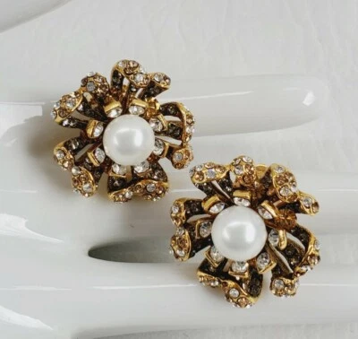 Jose & Maria Barrera Stunning Faux pearl crystal Flower Earrings  - Image 1 of 4