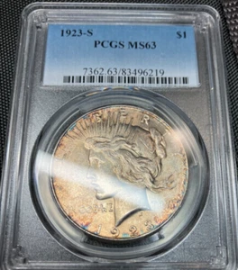 1923-S Peace Silver Dollar MS63 PCGS *Beautiful Blue Rim Toning* - Picture 1 of 5
