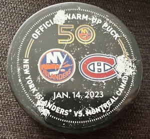 NY ISLANDERS WARM UP PUCK MONTREAL CANADIENS 1/14/2023 MIKE BOSSY NIGHT HOCKEY - Picture 1 of 4